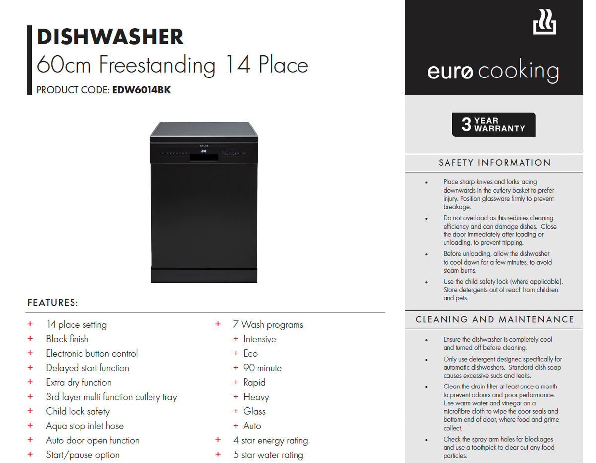 Euro EDW6014BK 60cm Freestanding Dishwasher with Cutlery Drawer, Black