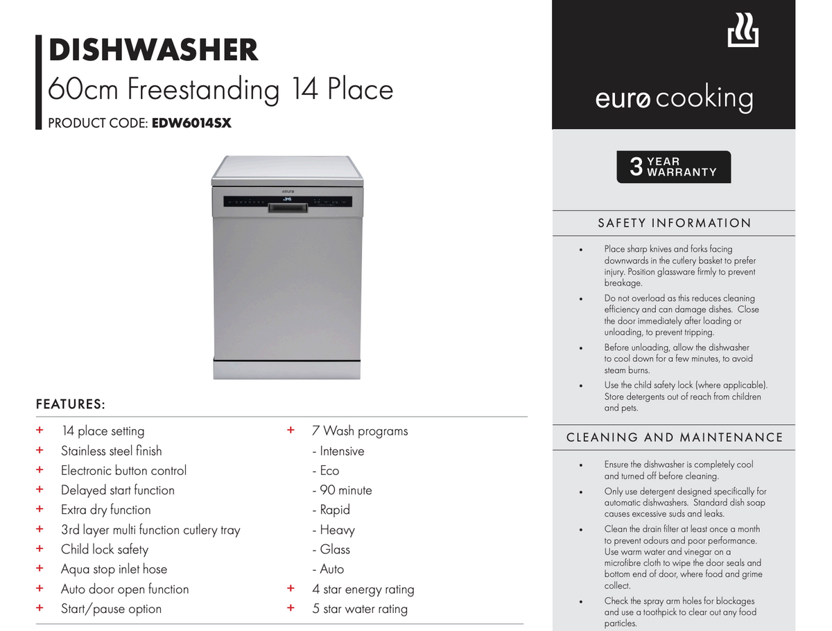 Euro EDW6014SX 60cm Freestanding Dishwasher with Cutlery Drawer, Stainless Steel