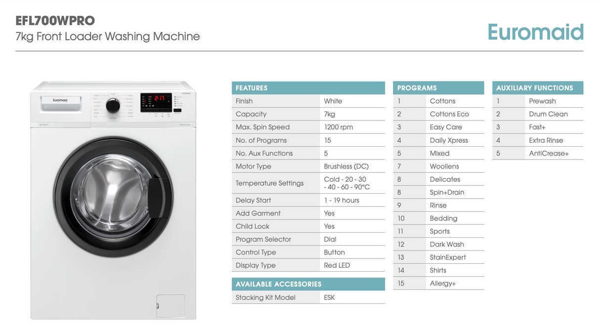 Euromaid EFL700WPRO 7kg Front Load Washing Machine - Online Only