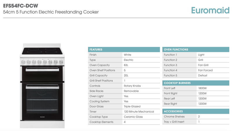 Euromaid EFS54FC-DCW 540mm White Electric Freestanding Cooker - Euromaid Seconds Discount