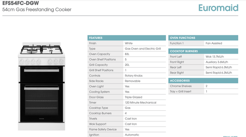 Euromaid EFS54FC-DGW 54cm White Gas Freestanding Stove