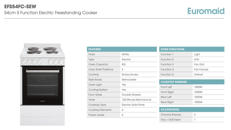 Euromaid EFS54FC-SEW 540mm White 5-Function Electric Freestanding Cooker