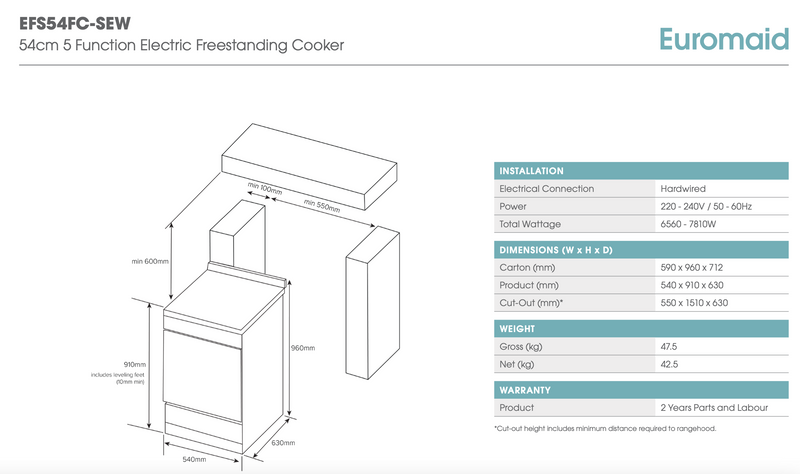 Euromaid EFS54FC-SEW 540mm White 5-Function Electric Freestanding Cooker