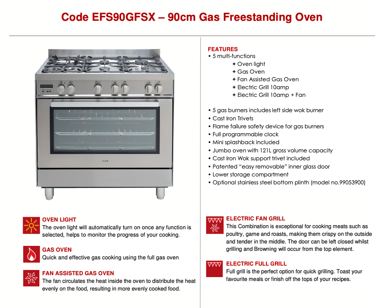 Euro Appliances EFS90GFSX 90cm Italian Made Gas Freestanding Oven/Stove