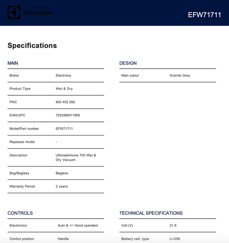 Electrolux EFW71711 UltimateHome 700 Wet & Dry Cordless Vacuum, Grey