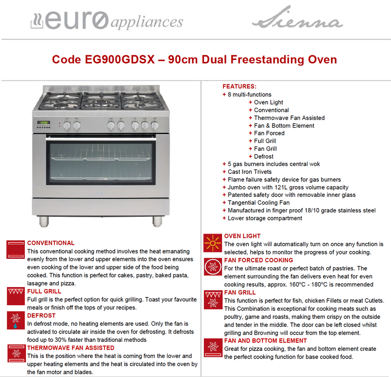 Euro Appliances EG900GDSX Italian Made 90cm Dual Fuel Stove - Next Day Availability