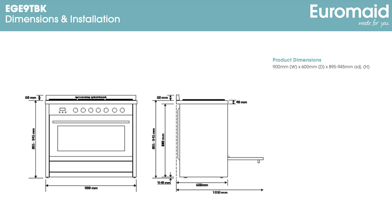 Euromaid EGE9TBK Matte Black 90cm Dual Fuel Freestanding Stove