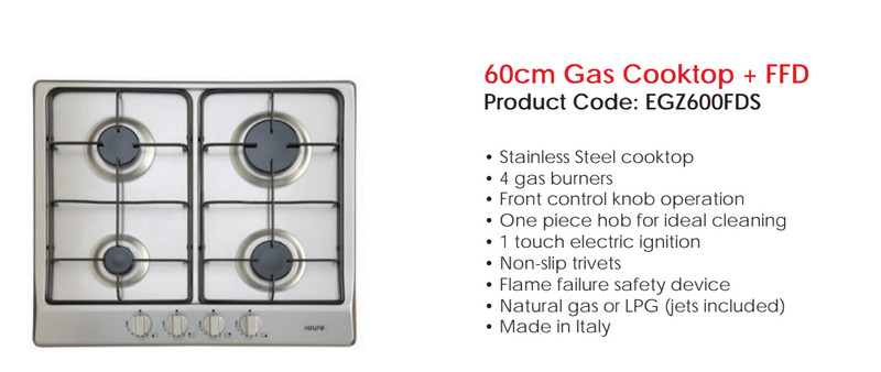 Euro Appliances EGZ600FDS 60cm Premium Italian Made Gas Cooktop - Clearance Discount