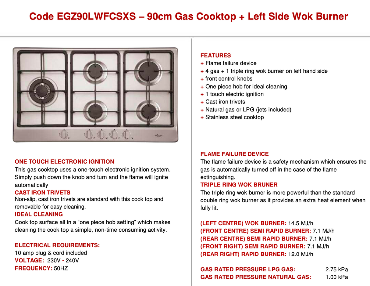 Euro Appliances Premium Series Italian Made EGZ90LWFCSXS 90cm Stainless Steel Gas Cooktop - Ex Display Discount
