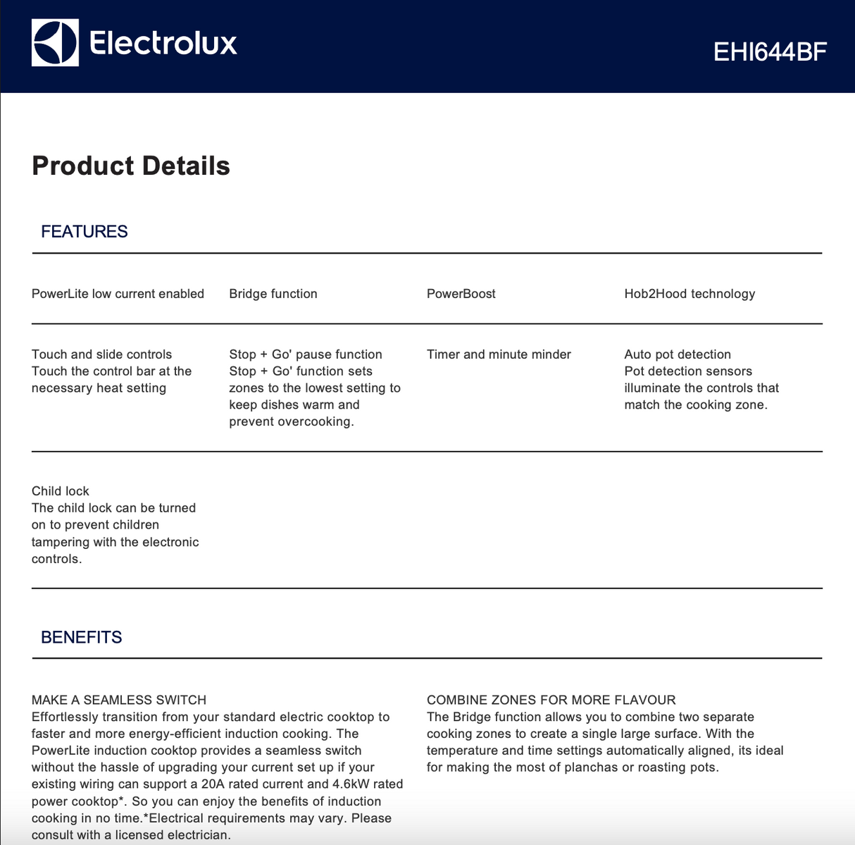 Electrolux EHI644BF 60cm 4 Zone PowerLite Induction Cooktop - Factory Seconds