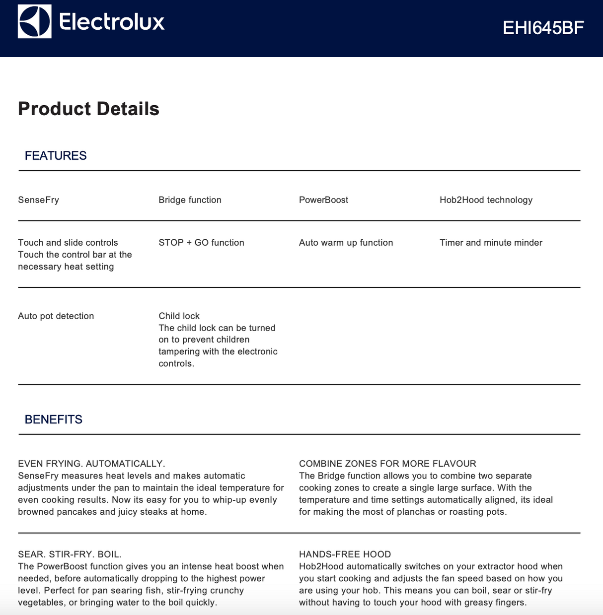 Electrolux EHI645BF 60cm UltimateTaste 700 4 Zone Induction Cooktop - Factory Seconds