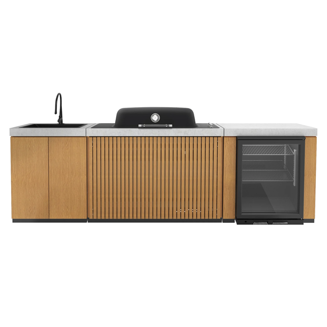 Everdure EK3B1ASBIM Seabreeze 3 Burner BBQ Timber Look Modular Outdoor Kitchen with Sink & Beverage Cooler