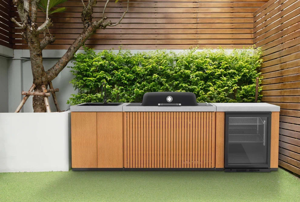 Everdure EK3B1ASBIM Seabreeze 3 Burner BBQ Timber Look Modular Outdoor Kitchen with Sink & Beverage Cooler