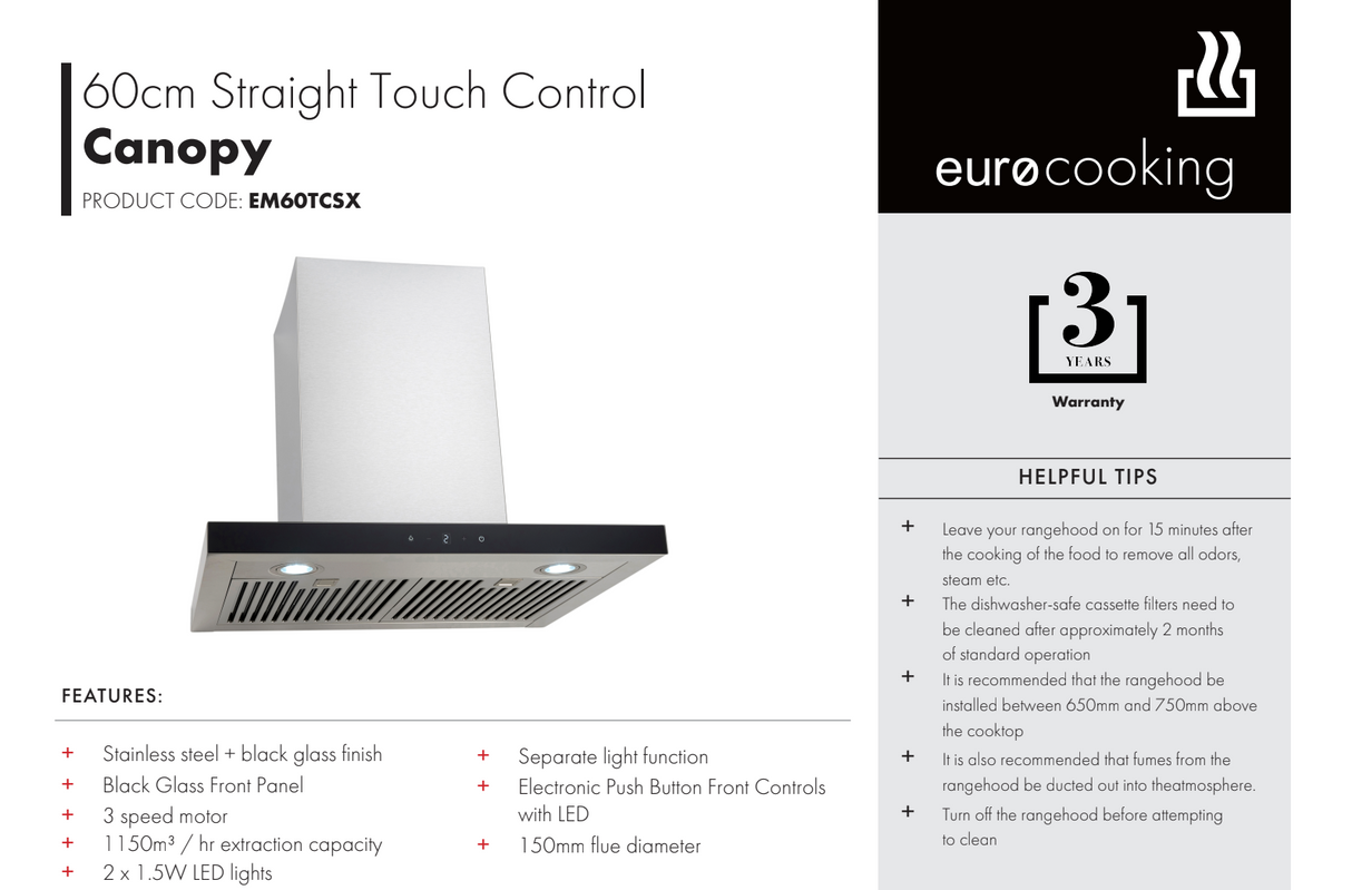 Euro Appliances EM60TCSX 60cm Canopy Rangehood - Special Order