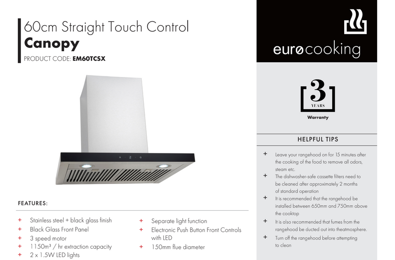 Euro Appliances EM60TCSX 60cm Canopy Rangehood - Cosmetic Defect Discount