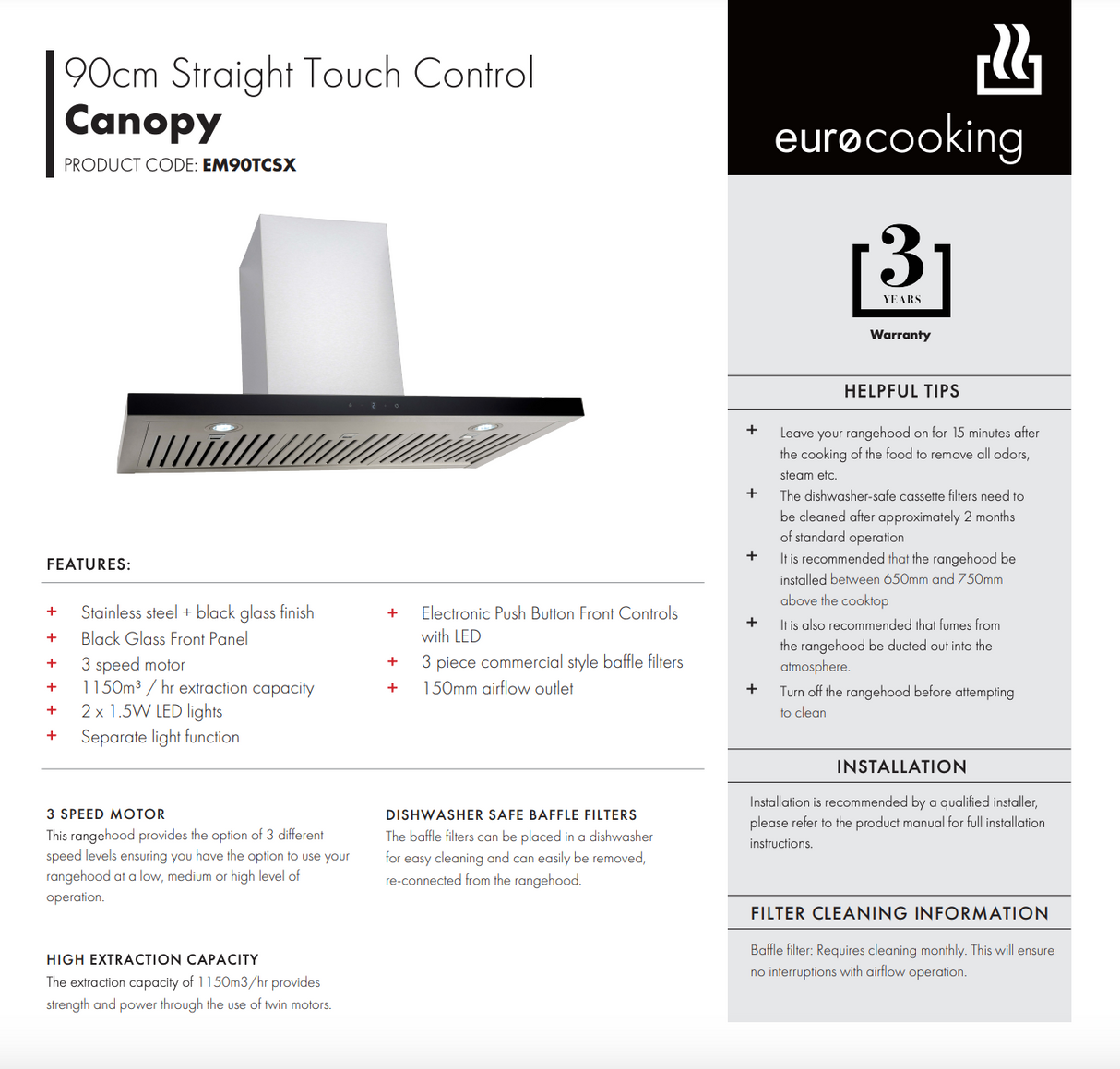 Euro Appliances EM90TCSX 90cm Stainless Steel Canopy Rangehood