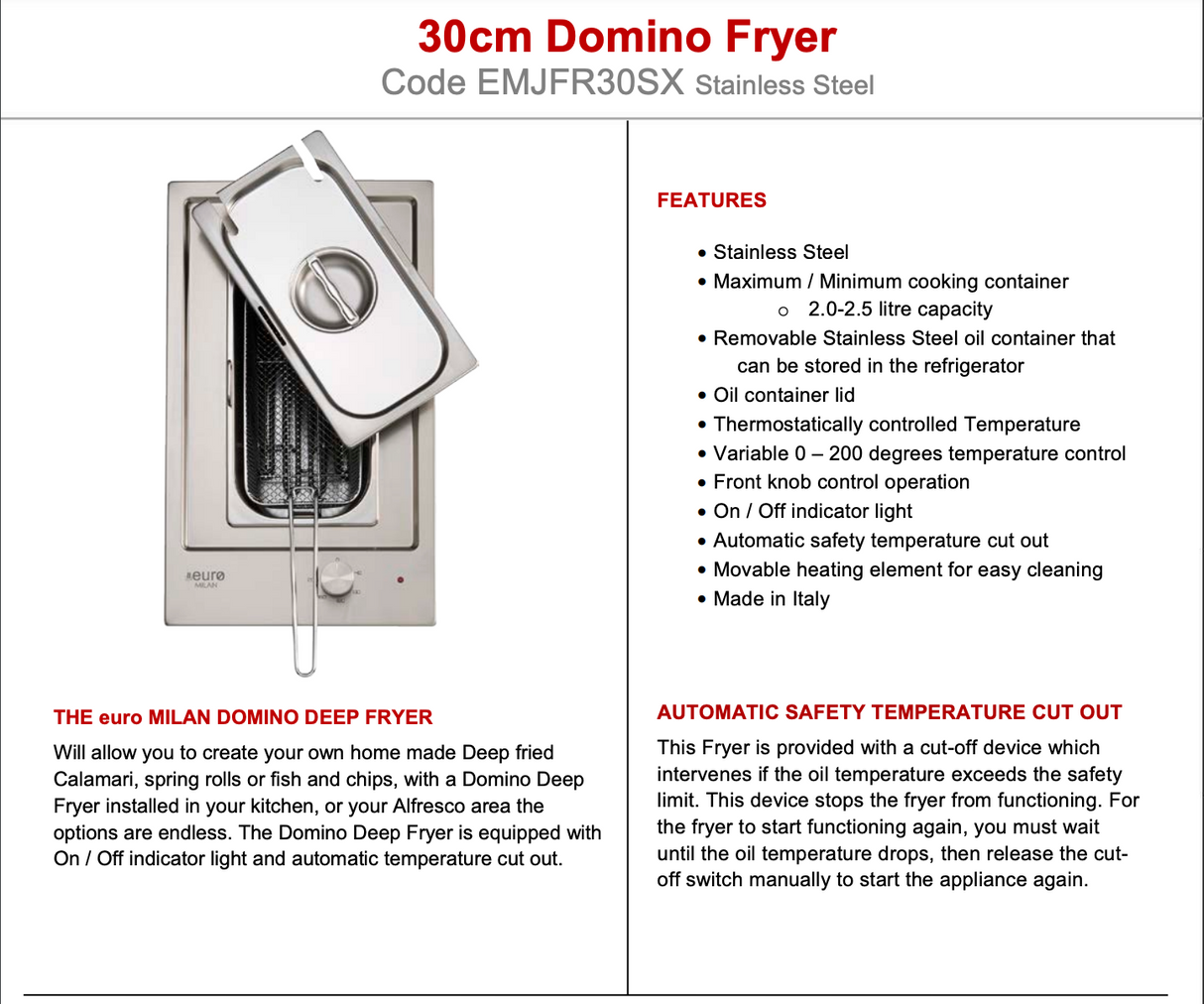 Euro Appliances Emjfr30Sx Domino Fryer Outdoor