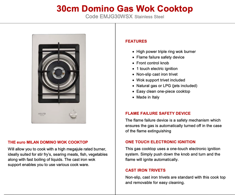 Euro Appliances EMJG30WSX 30cm Domino Wok Natural Gas Cooktop