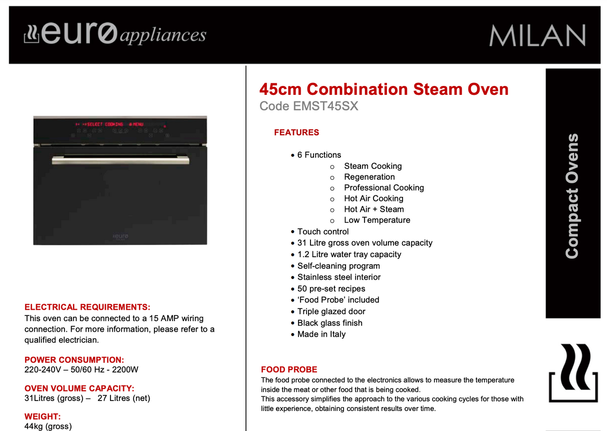 Euro Appliances EMST45SX 45cm Combination Steam Oven - Ex Display