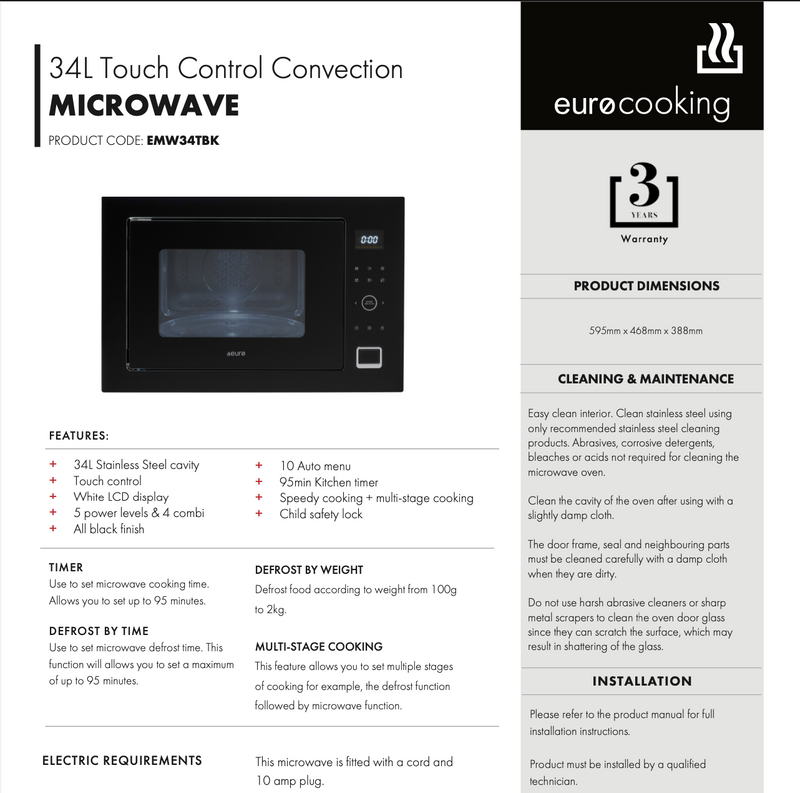Euro Appliances EMW34TBK 34L Black Finish Touch Control Convection Microwave - Ex Display Discount