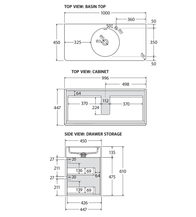 Fienza EN100WC Australian Made Encanto 1000 Wall Hung Vanity, Stone Grey Matt - Special Order