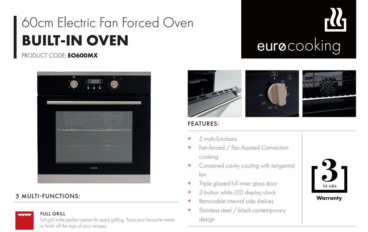 Euro EO600MX 60cm Stainless Steel Fan Forced Oven - Ex Display Discount