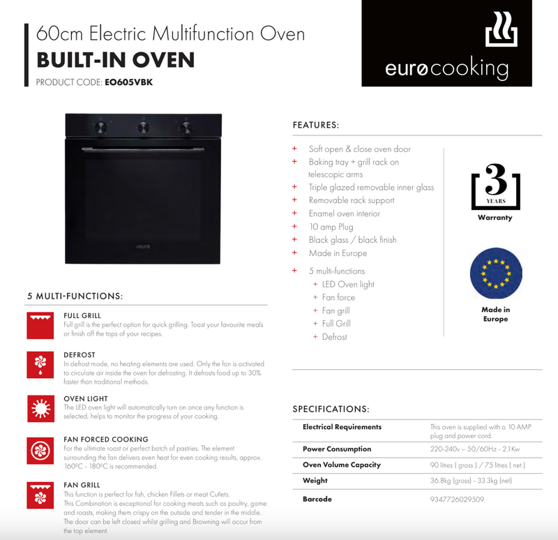 Euro Appliances EO605VBK 60cm Black Glass Electric Oven - Ex Display Discount
