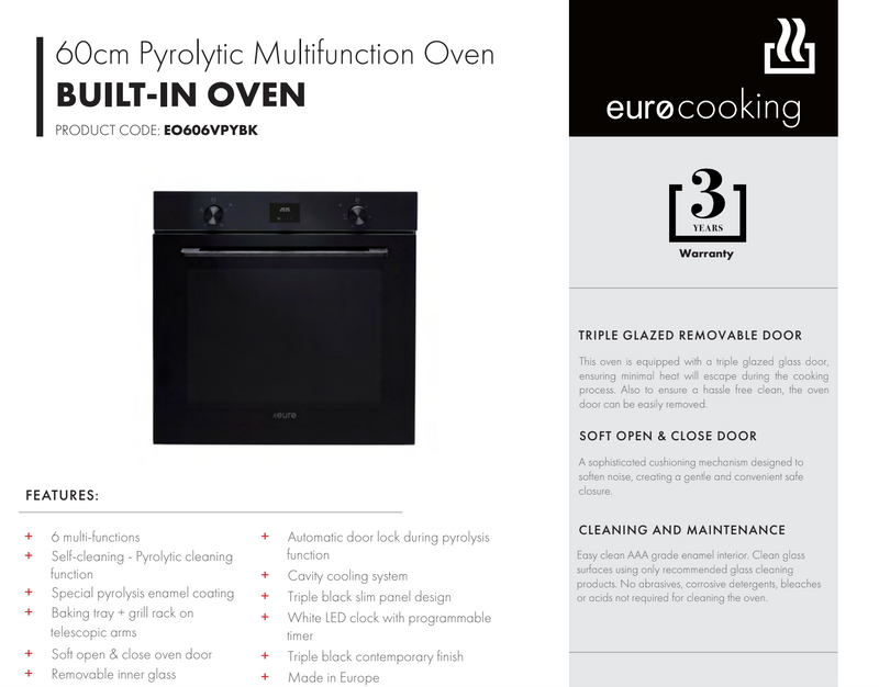 Euro Appliances EO606VPYBK 60cm Pyrolytic Electric Oven - Special Order