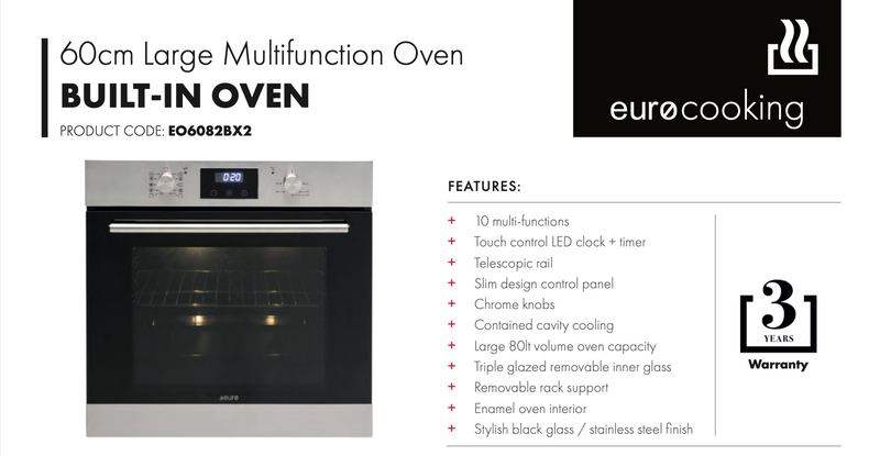 Euro Appliances EO6082BX2 60cm Black & Stainless Steel Electric Oven