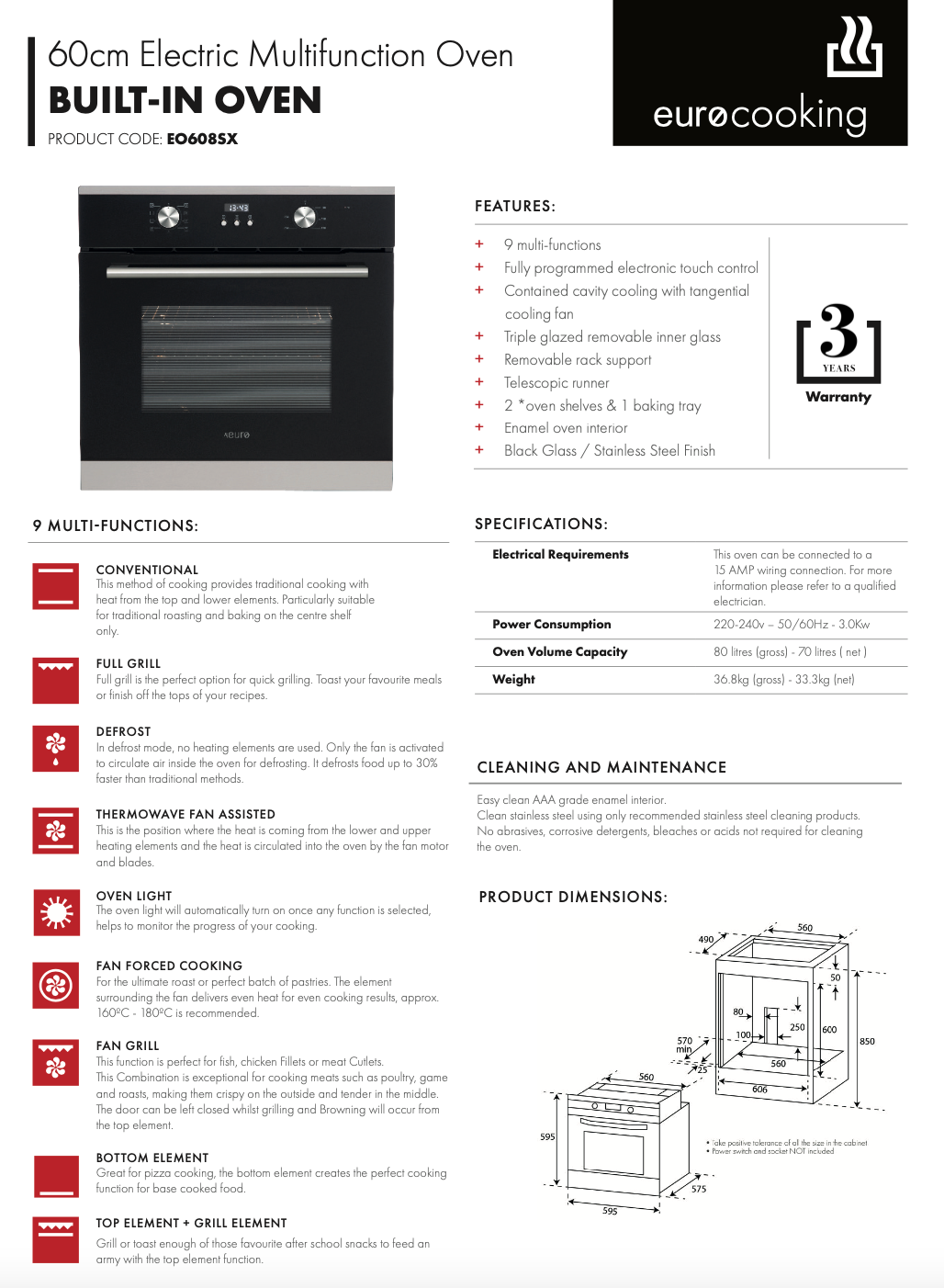 Euro Appliances EO608SX Black & Stainless Steel Electric Oven - Special Order