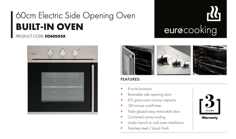 Euro Appliances EO60SOSX Black & Stainless Steel Side Opening Electric Oven - Ex Display Discount