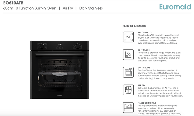 Euromaid EO610ATB 60cm 10 Function Built-in Oven with Air Fry, Black Glass