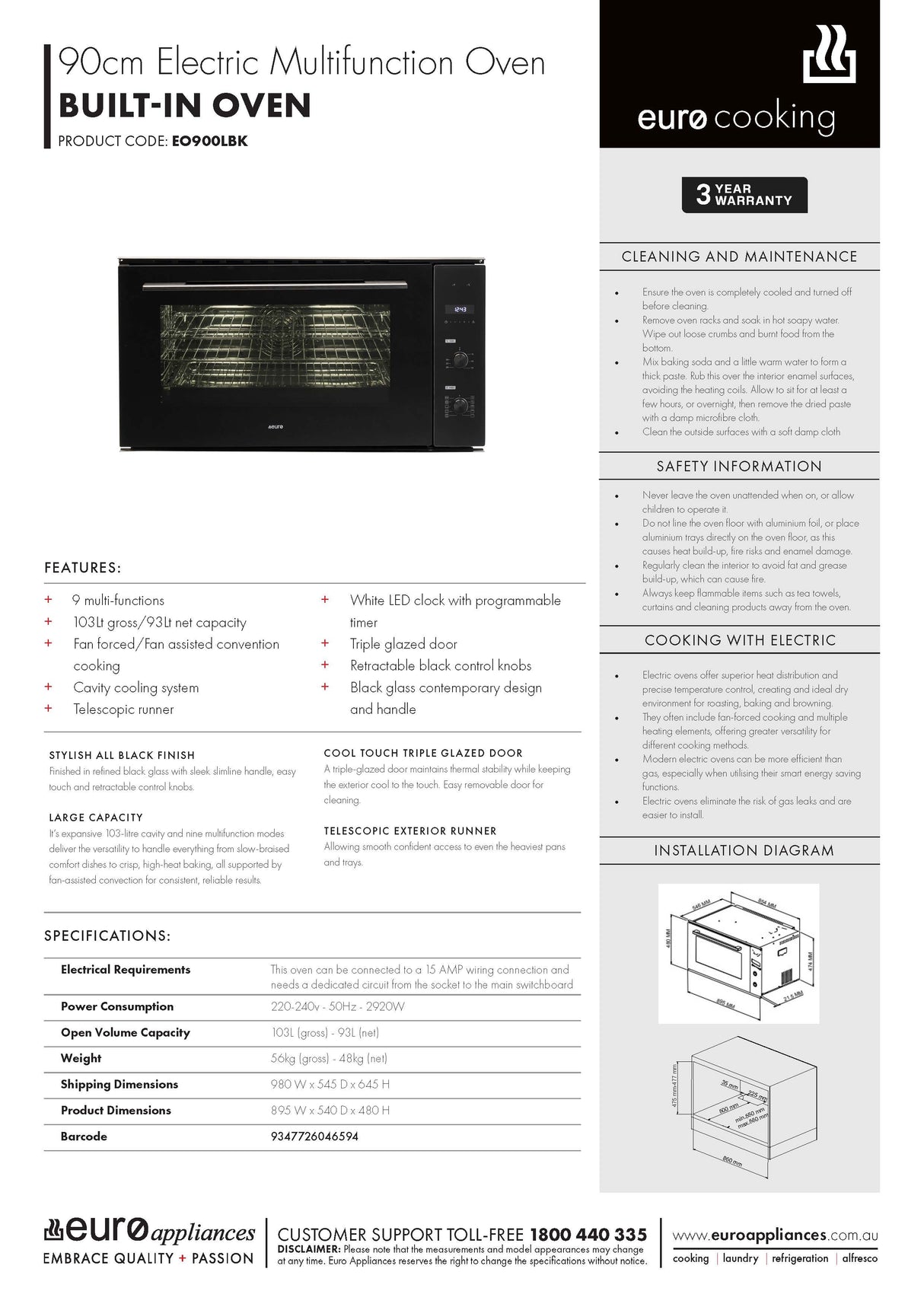 Euro Appliances EO900LBK 90cm Black Glass Electric Multi-Function Oven