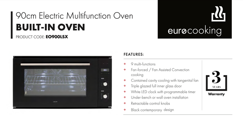 Euro Appliances EO900LSX 90cm Black Glass Electric Multi-Function Oven