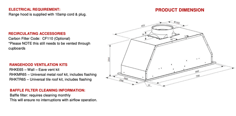 Euro Appliances EP70UMS 700mm Undermount Stainless Steel Rangehood