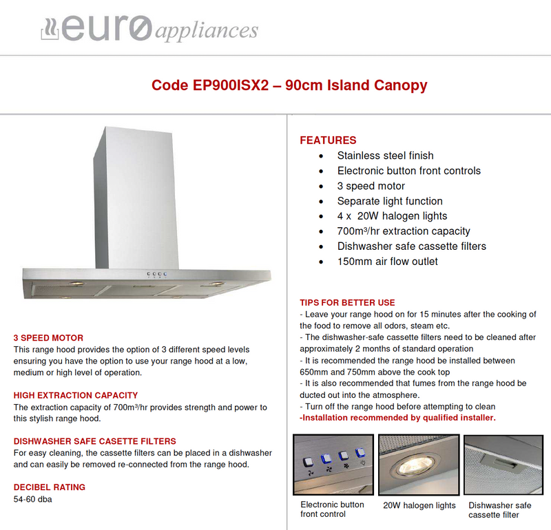 Euro Appliances EP900ISX2 90cm Island Rangehood