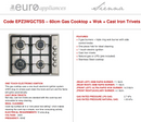 Euro Appliances EPZ3WGCTSS 4 Burner Stainless Steel Gas Cooktop