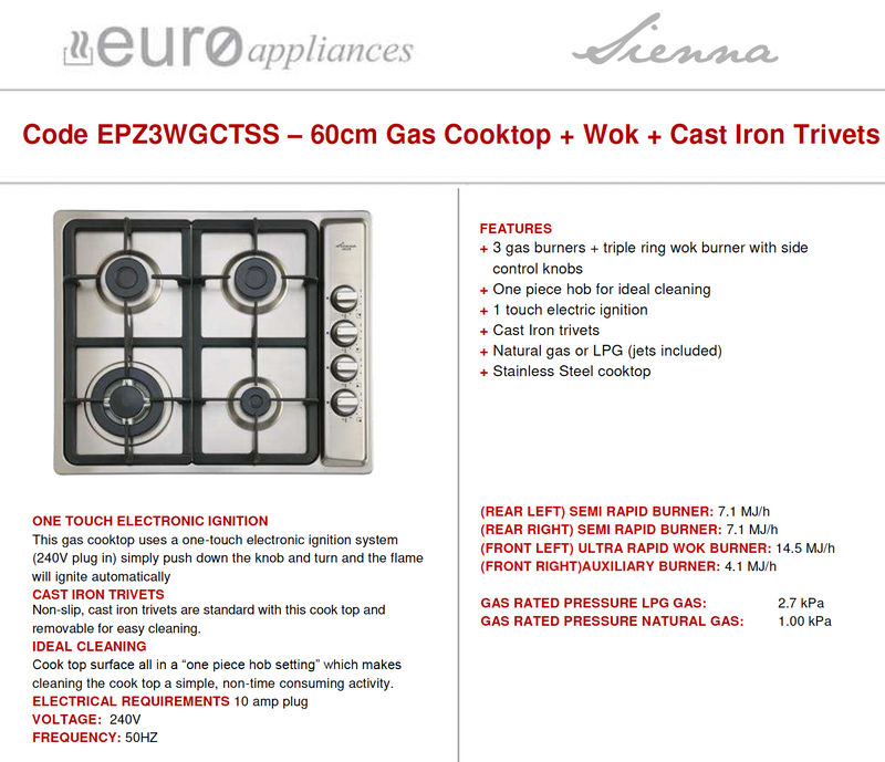 Euro Appliances EPZ3WGCTSS 4 Burner Stainless Steel Gas Cooktop