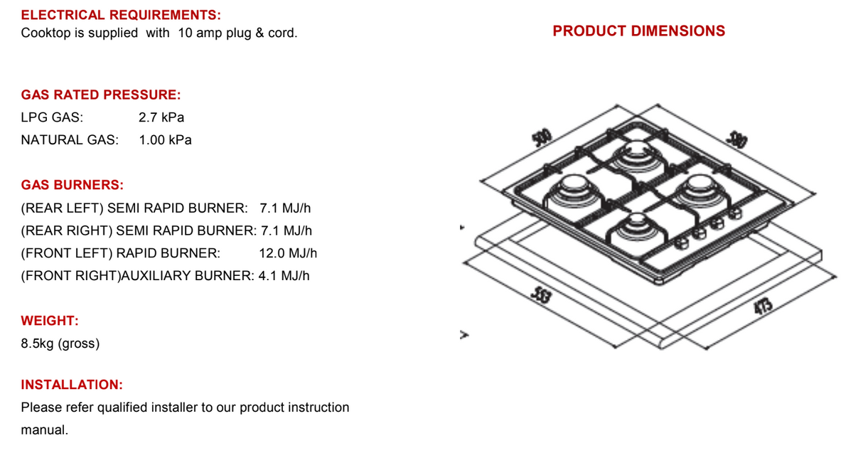 Euro Appliances EPZ4GSXV 4 Burner Stainless Steel Gas Cooktop - Ex Display