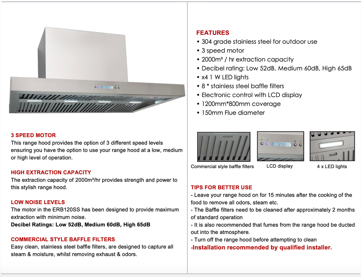 Euro Appliances ERB120SS 120cm BBQ Canopy Rangehood - Euro Ex Display Discount
