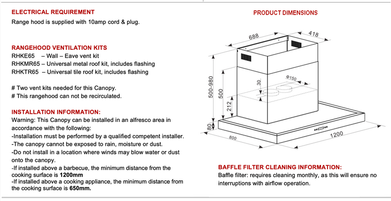 Euro Appliances ERB120SS2 120cm BBQ Canopy Rangehood - Clearance Discount