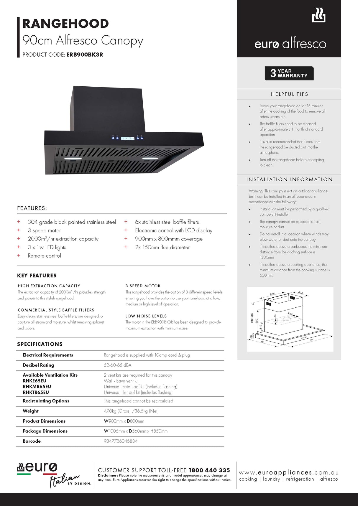 Euro Appliances ERB900BK3R 90cm BBQ Canopy Rangehood, 2000m3/hr, Remote Control, Black