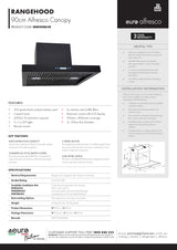 Euro Appliances ERB900BK3R 90cm BBQ Canopy Rangehood, 2000m3/hr, Remote Control, Black
