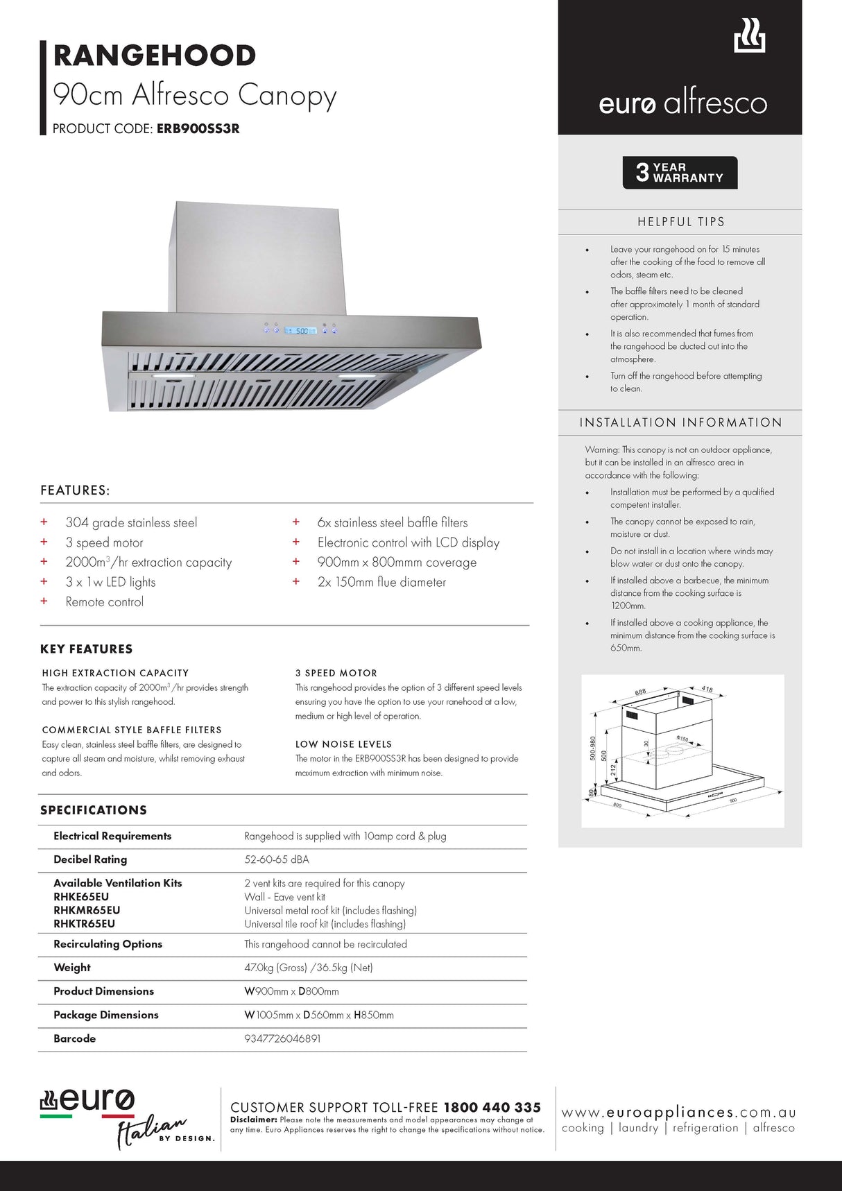 Euro Appliances ERB900SS3R 90cm BBQ Canopy Rangehood, 2000m3/hr, Remote Control, Stainless Steel