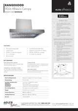 Euro Appliances ERB900SS3R 90cm BBQ Canopy Rangehood, 2000m3/hr, Remote Control, Stainless Steel