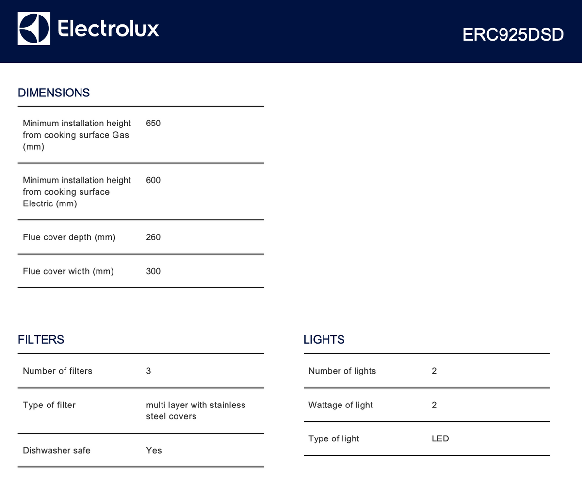 Electrolux ERC925DSD 90cm Canopy Rangehood - Electrolux Factory Seconds