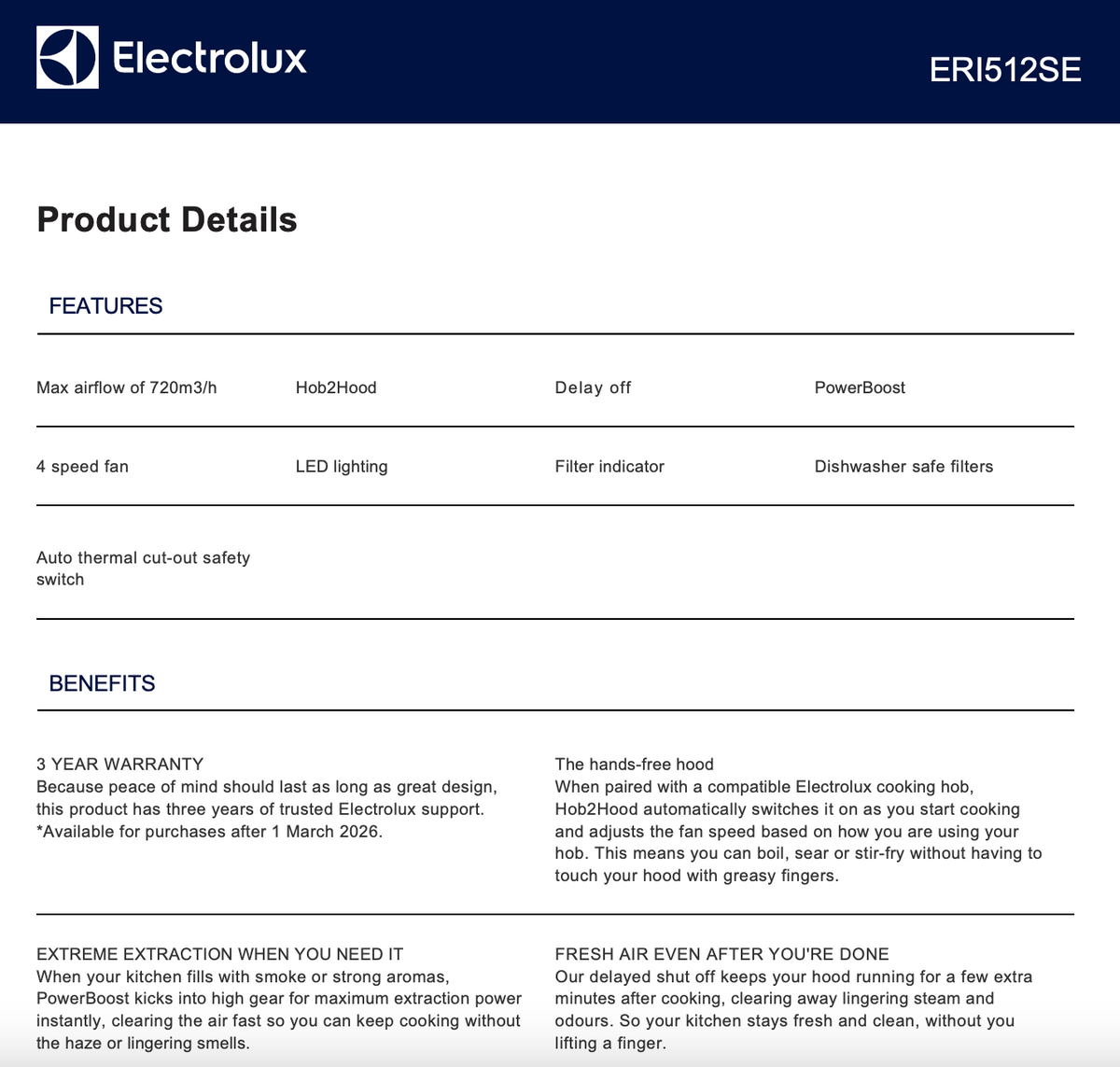 Electrolux ERI512SE 52cm Integrated Rangehood with Hob2Hood, Stainless Steel - Factory Seconds