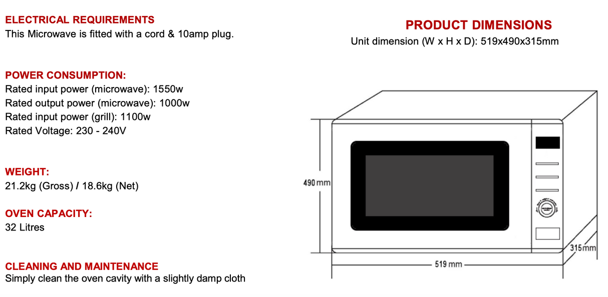 Euro Es32Mcsx 32L Convection Microwave