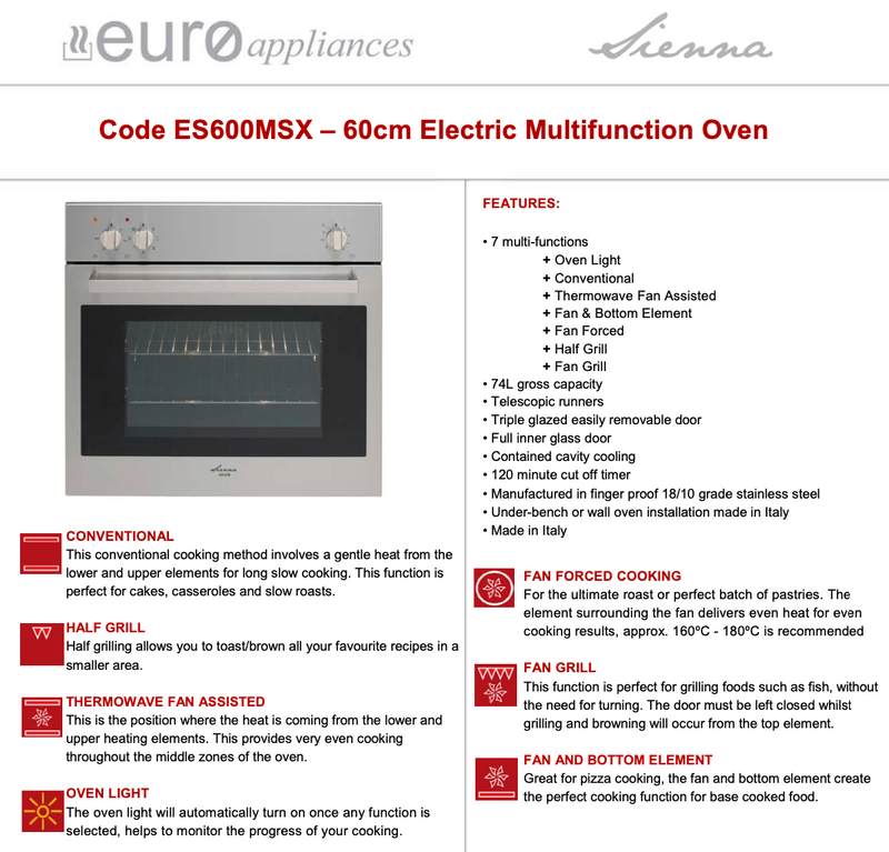 Euro Appliances Premium Italian Made ES600MSX Multifunction Electric Oven