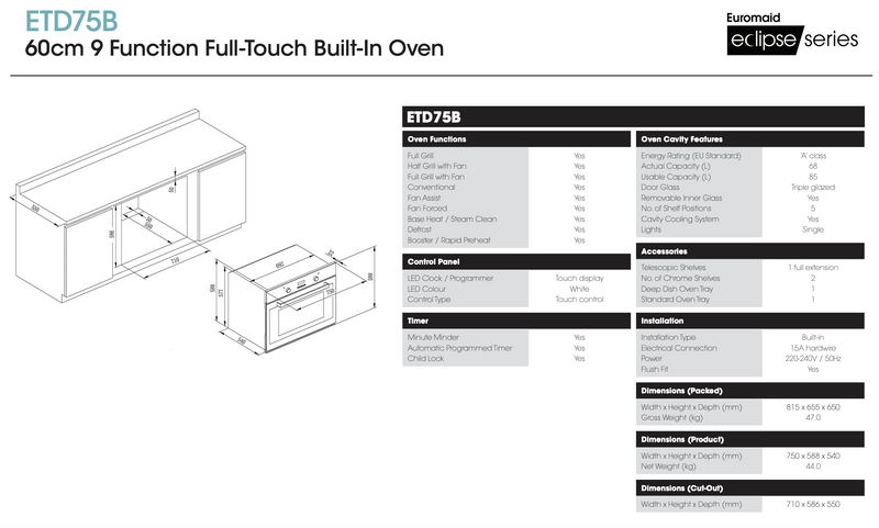 Euromaid ETD75B 75cm Electric Multi Function Oven Out of Box